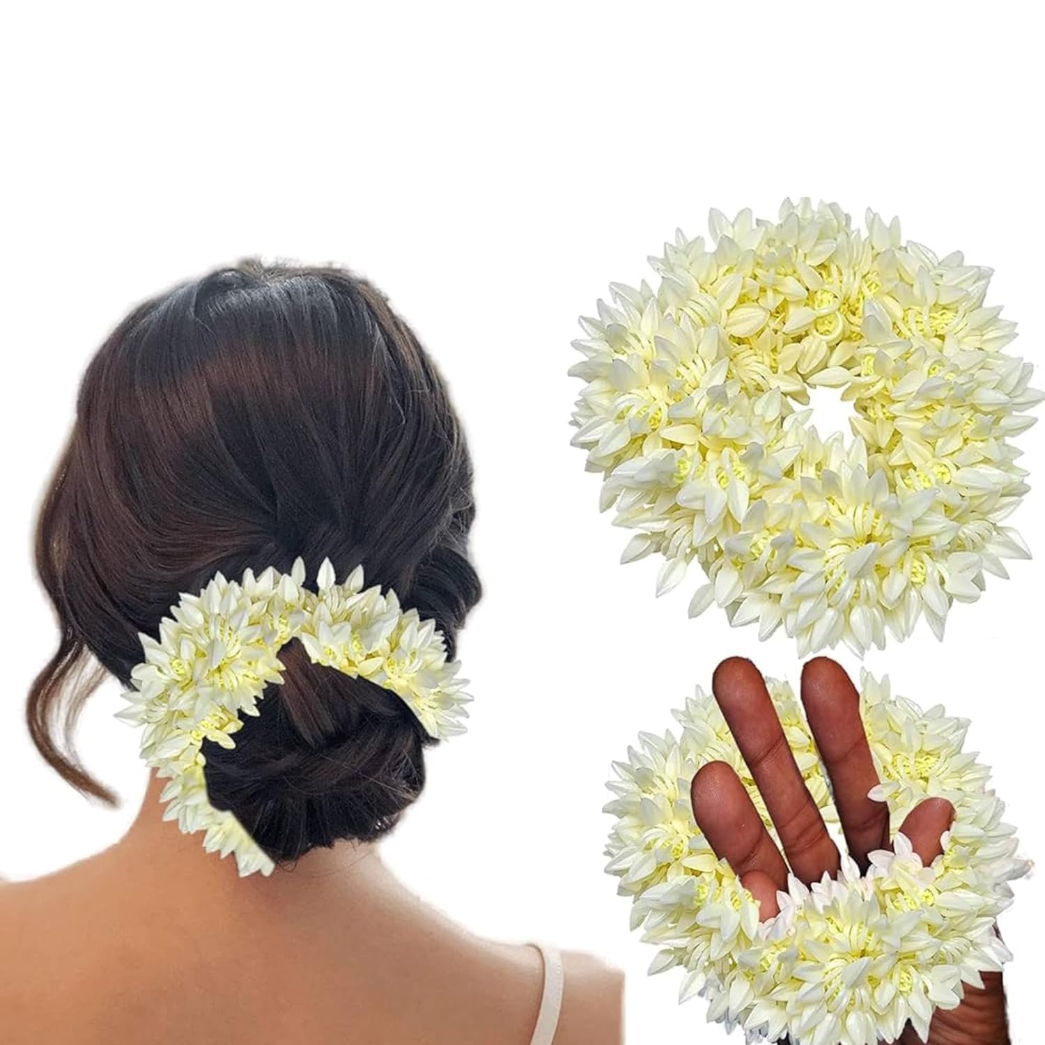 Rubaya (6 Pcs) Scented Mogra Gajra Hair Accessories For Women & Girls | Artificial & Fake Gajra Scrunchies | Gajra Phool | Gazra Hair | Hair Flower Bun | Premium & Voluminous