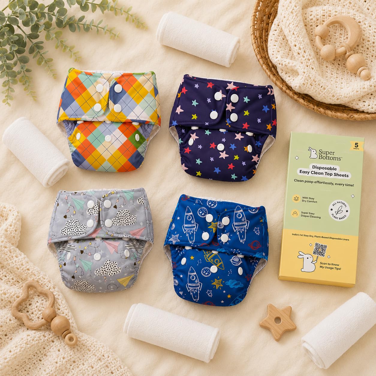 SuperBottoms BASIC Cloth Diaper Pack of 4 with 4 UltraThin Dry Pads & Disposable Liner Pack of 5 | Reusable & Washable | Adjustable Fit for Babies 3m–3y-image-45