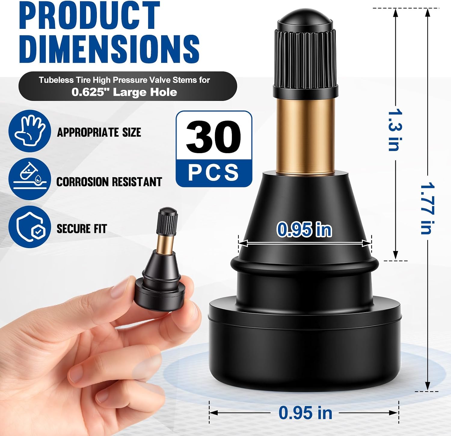 Fumete 30 Pack Tr801hp Tubeless High Pressure Valve Stems, 0.625 Inch Large Hole, 1.25" Tall, Epdm Rubber & Brass Valve Stems for Light Truck Trailer Tire Replacement