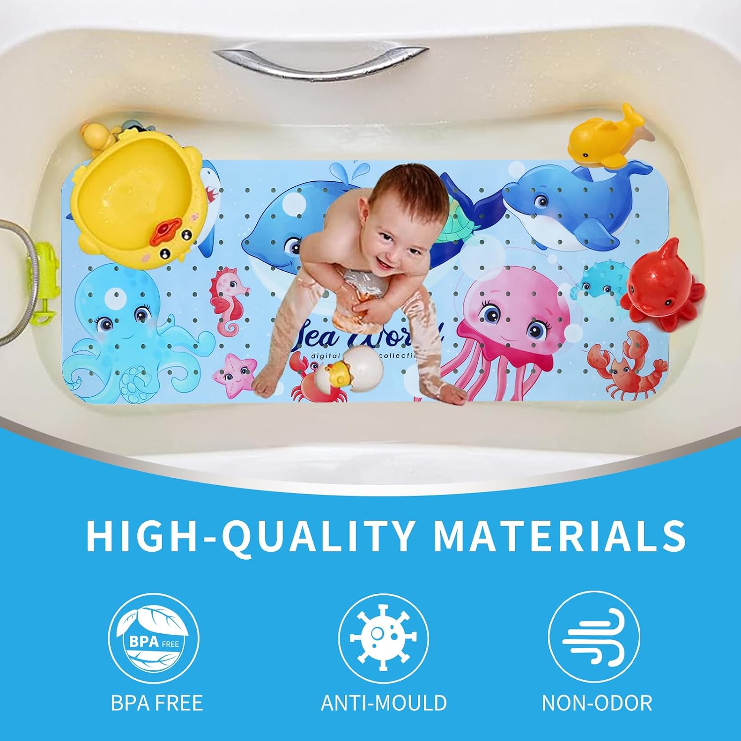 Bath Tub Shower Mat Non Slip Kids Bathtub Mat Anti Slip Baby Bath Mat for Tub 40 x 16 Inch Extra Long Toddler Bath Mat with Suction Cups and Drain Holes for Bathroom Floor,Machine Washable,Big Whale image 2