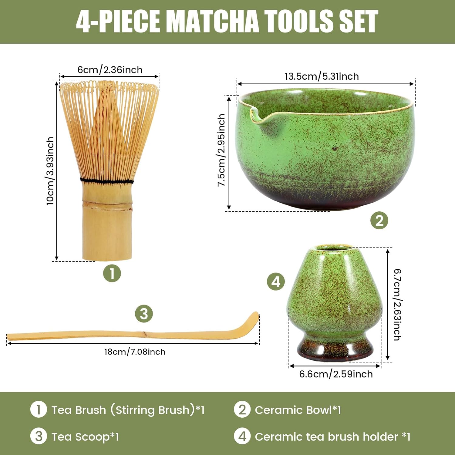 4Pcs Matcha Whisk Set Elegant Japanese Matcha Tea Set Matcha Making Kit with 500ml Ceramic Matcha Bowl Matcha Whisk Holder Bamboo Matcha Whisk and Matcha Scoop for Tea Lovers (Green)