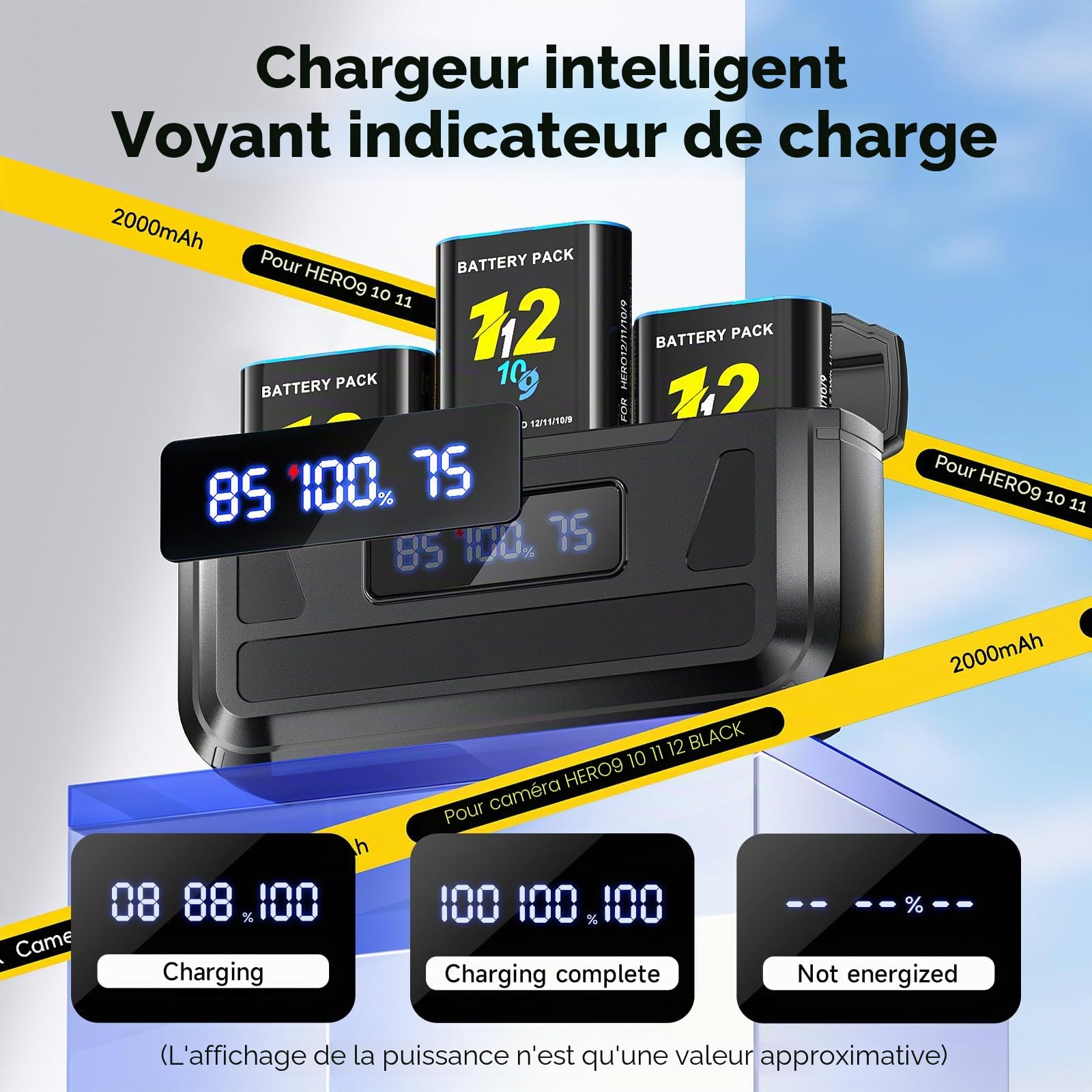 Lot de 3 Batteries Hero 12 avec Chargeur pour Go-Pro Hero 12/11/10/9 Black, Chargeur de Batterie 3 canaux avec écran LCD, Fente pour Carte TF, Convient à Basse température, Chargeur