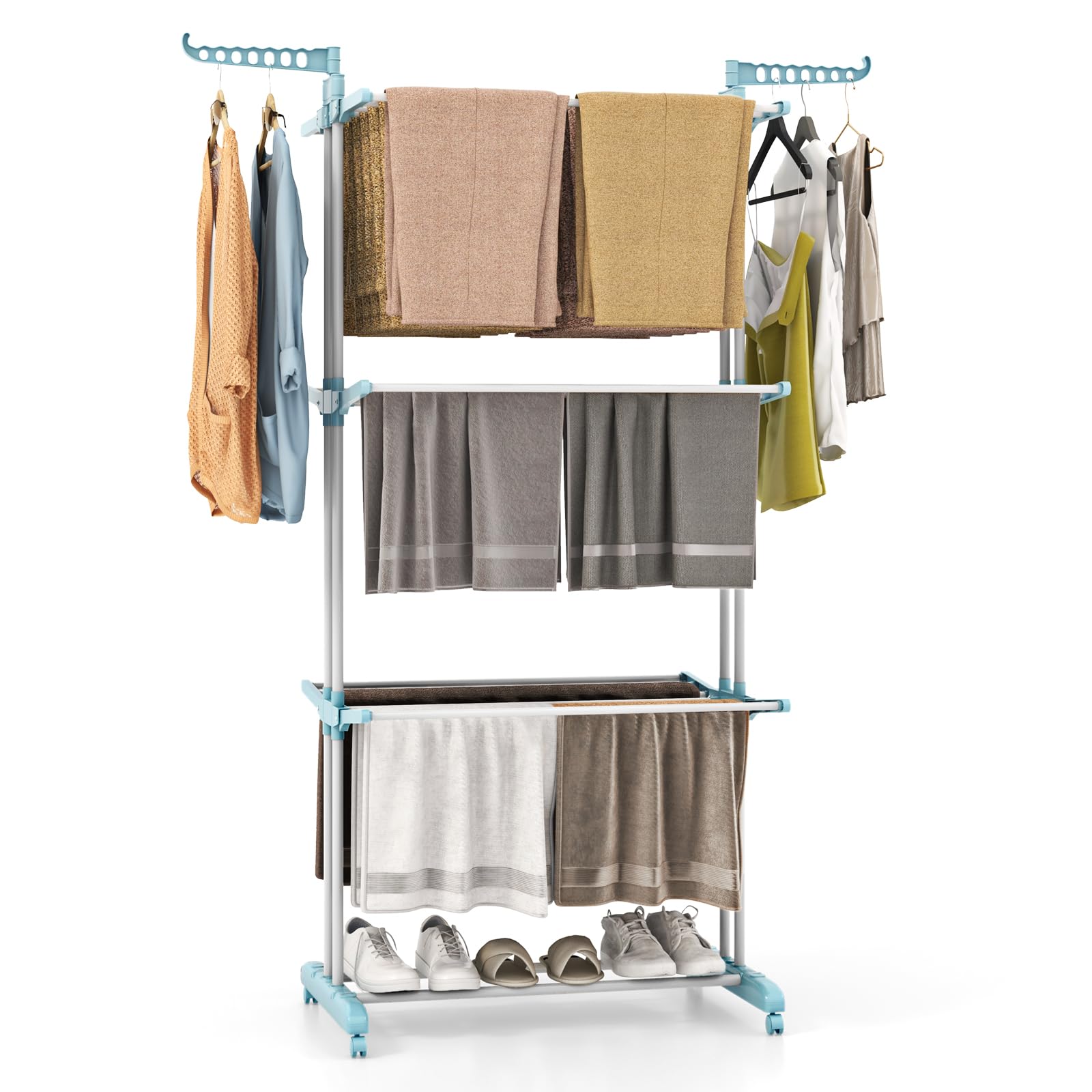 COSTWAY Sechoir à Linge Pliable 3 Niveaux, Étendoir Linge à roulettes en Métal, Sechoir Tancarville Solide avec 2 Porte-cintres, Porte-Chaussures, Seche Linge Intérieur Extérieur (Bleu Clair)