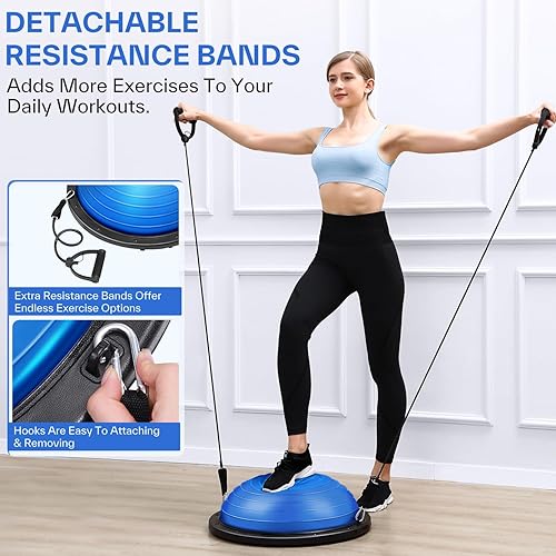 Miniatura 3 de Sportneer Entrenador de pelota de equilibrio con bandas de resistencia y bomba, media pelota de yoga inflable para entrenamiento de cuerpo completo