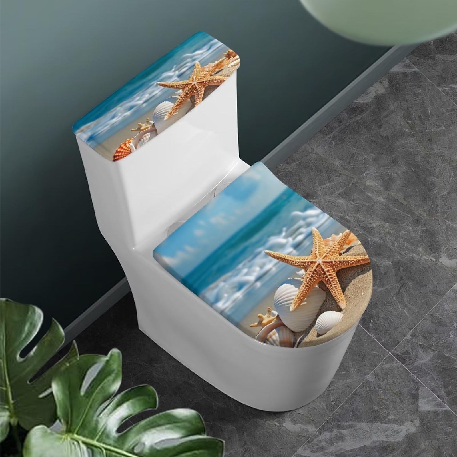 Hinthetall Beach Starfish Toilet Tank Lid Cover, Bathroom Stretch Washable Spandex Toilet Tank Protector Cover with Elastic Bottom