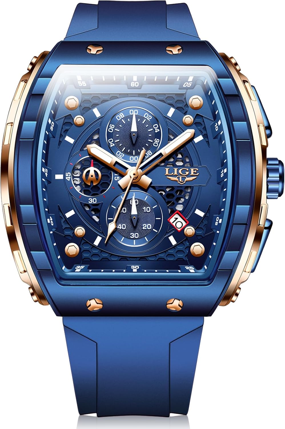 SACOSDING Mens Watches,Unique Rectangular Quartz Analog Watch,Outdoor Sports Multi-Function Watch,Chronograph/Waterproof/Luminous/Calendar,Durable Silicone Strap Mens Casual Watches