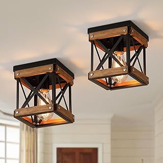 2 Pack Rustic Farmhouse Wood Flush Mount Ceiling Light Fixture Oak Wood and Metal Square Cage Small Semi Flush Mount Ceiling Light for Kitchen Hallway Entryway Bedroom Farmhouse Country, Black