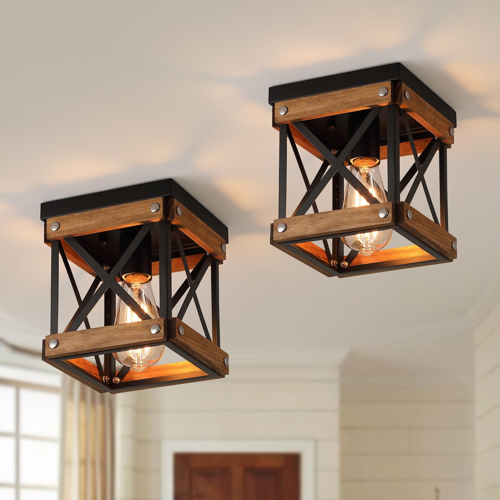 Paquete de 2 lámparas de techo rústicas de madera de granja empotradas, madera de roble y jaula cuadrada de metal, pequeña lámpara de techo semiempotrada para cocina, pasillo, entrada, dormitorio