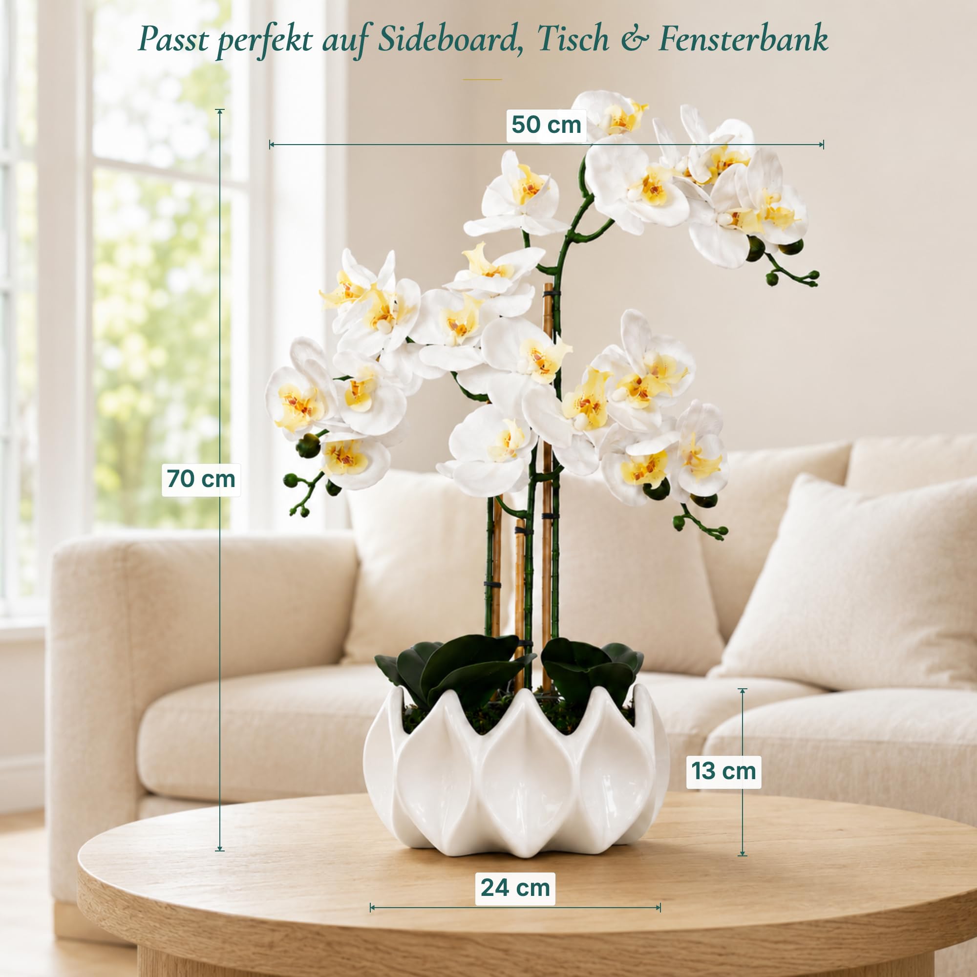 Künstliche Orchideen wie echt 70 cm – Handgefertigte Phalaenopsis Kunstorchidee im weißen Keramik-Topf mit echtem Bambus, pflegefrei ohne Gießen – Deko (Weiß)