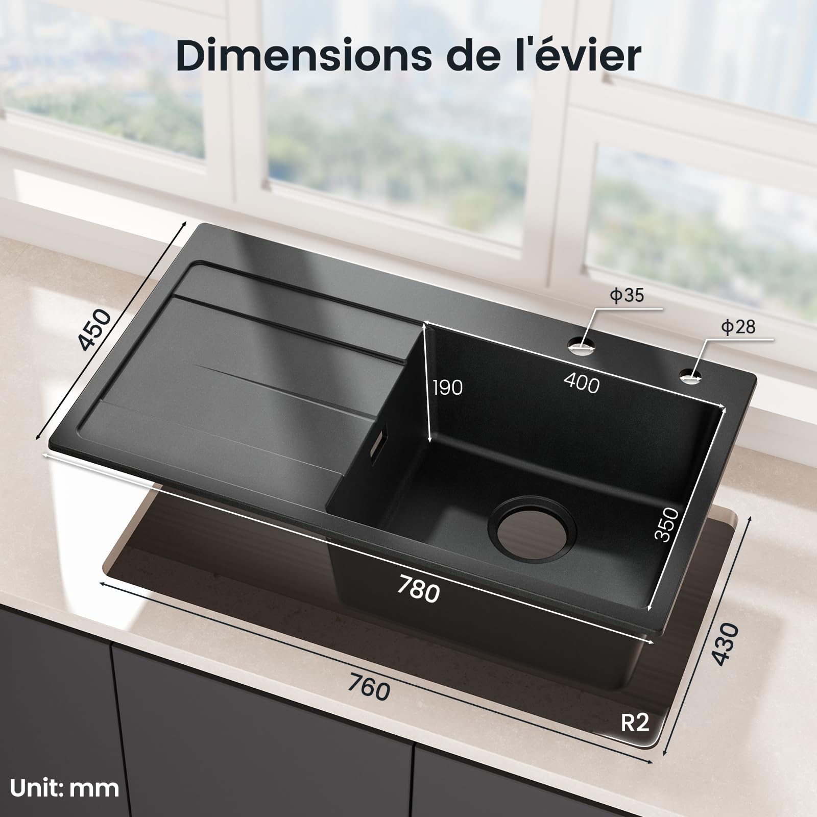 CECIPA Évier de cuisine 78 x 45 cm - Noir - En granit avec égouttoir - Pour armoires inférieures de 45 cm de large - Avec siphon et trop-plein