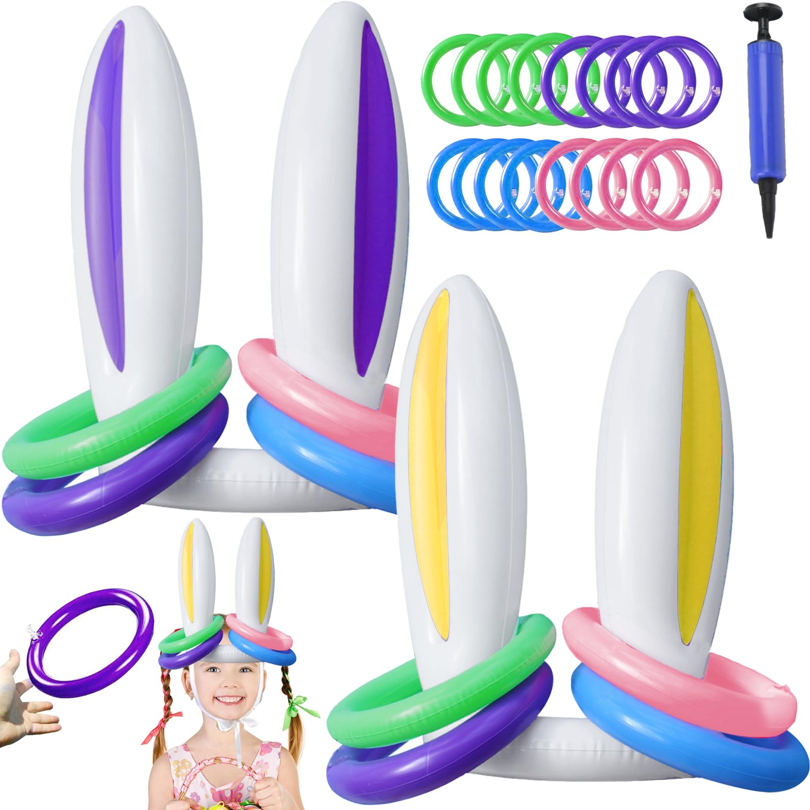 Jeu de Lancer d'Anneaux Gonflable pour Oreilles de Lapin, avec Anneaux et 1 Pompe,Jeu Exterieur Enfant Adulte,Amusant Jeux Gonflable Piscine pour Jardin Fête Pâques Party
