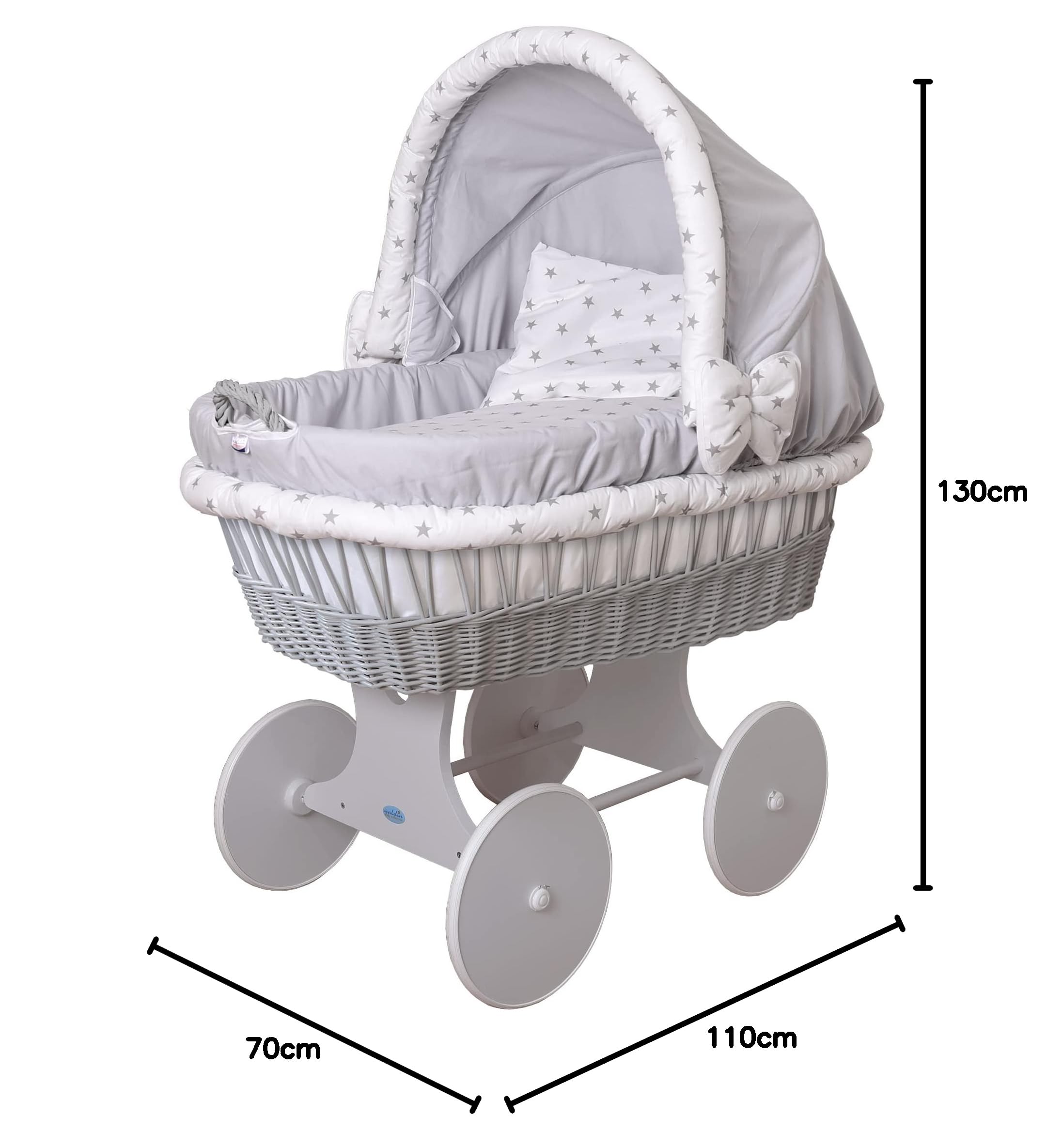WALDIN Cuna Moisés, XXL, 26 Modelos a Elegir,Madera/Ruedas Lacado en Gris,Color Textil Gris/Estrellas-Gris