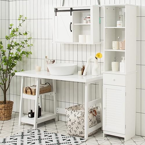 Miniatura 2 de Tangkula Armario alto de baño, gabinete de almacenamiento delgado con estante de 3 niveles, cajón y torre de lino cerrada y estrecha, estantes