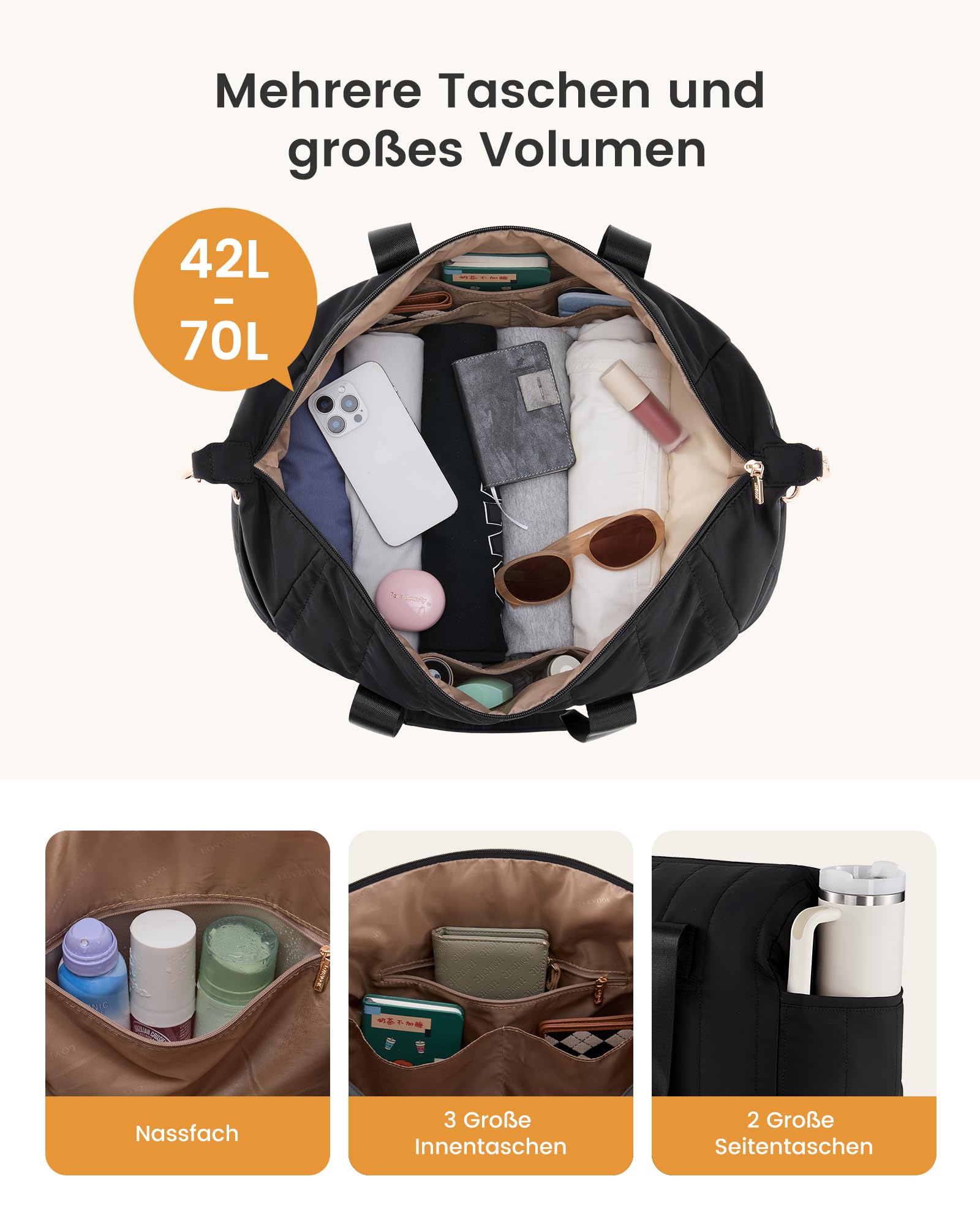 LOVEVOOK Reisetasche Damen, Weekender Tasche, Große Handgepäck Reisetaschen | Puffer Kliniktasche Geburt mit Schuhfach & Nassfach, Sporttasche, Travel Bag für Reisen, Urlaub, Wochenende, Fitnessstudio