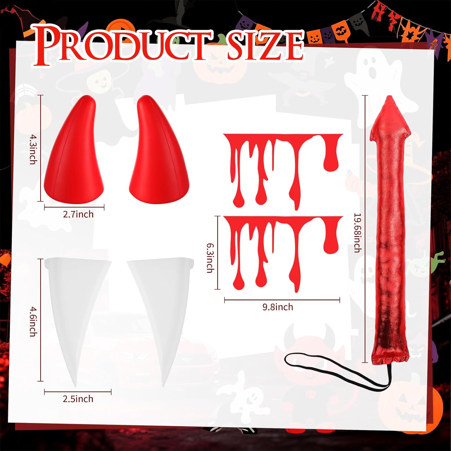 VioraWhite 5 Pcs Halloween Devil Car Decoration 3D Bull Horns Sticker Vampire Fangs Teeth Red Flowing Blood Sticker Devil Tail for Halloween Cars Truck SUV Decor