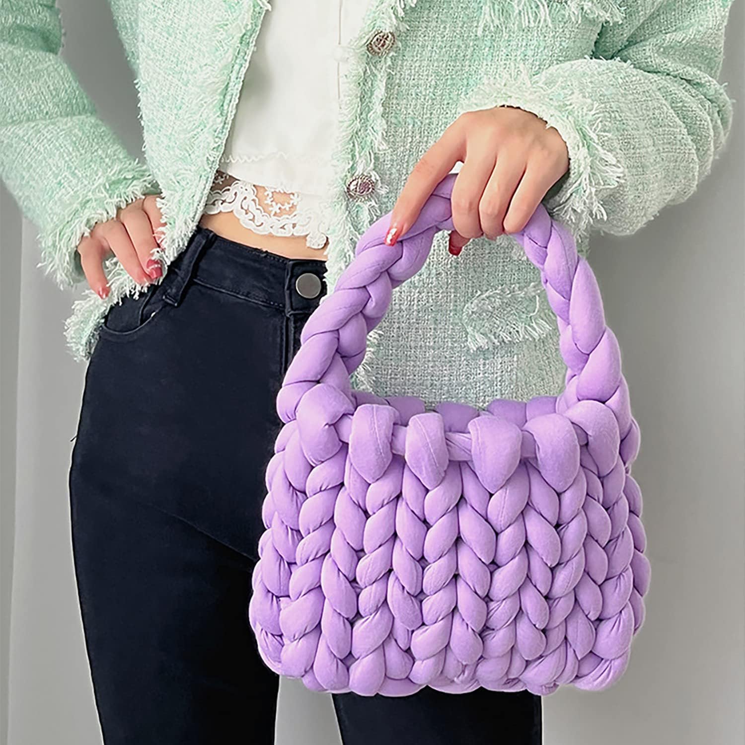 Thick Bulky Giant Wool Handwoven Handbag,Chunky Yarn Knit Shoulder Bag,Casual Soft Purse,Braided DIY Bucket Bag