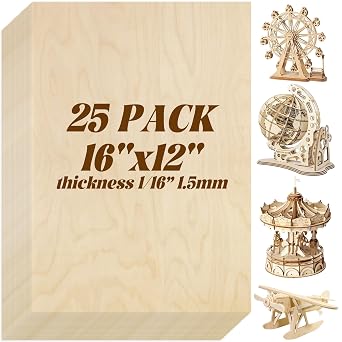 24 Pack 16 x 12 x 1/8 Inch Baltic Birch Plywood 3mm Baltic Wood Sheet, Baltic Birch Sheets for Cricut Maker, Architectural Models, Drawing Painting Wood Engraving Wood Burning Laser