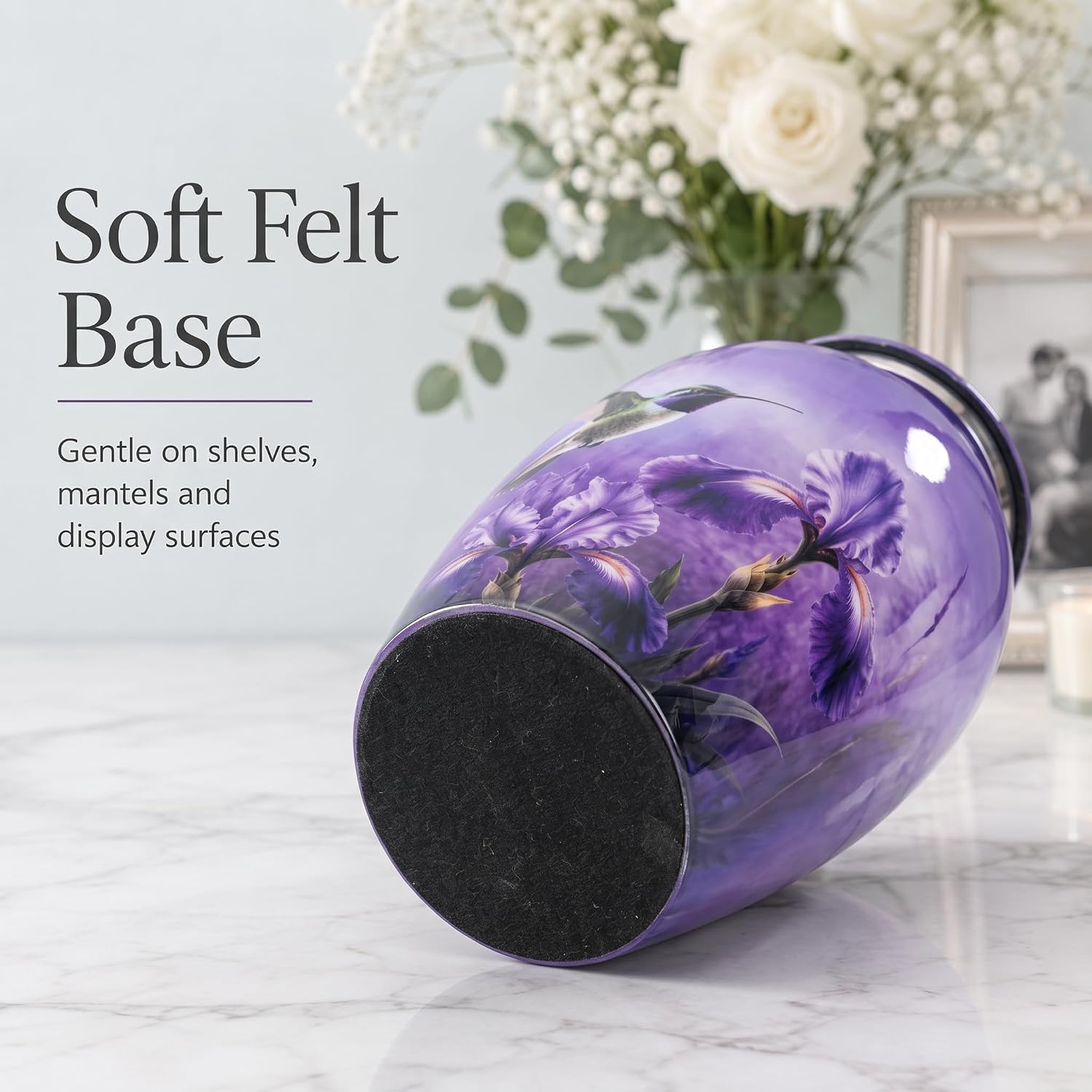 Purple Hummingbird Large Urn for Adult Human Ashes | Metal Cremation Urn for Male & Female | Memorial Funeral Burial Urn -Threaded Lid | (10 * 6) Decorative Floral with Velvet Pouch