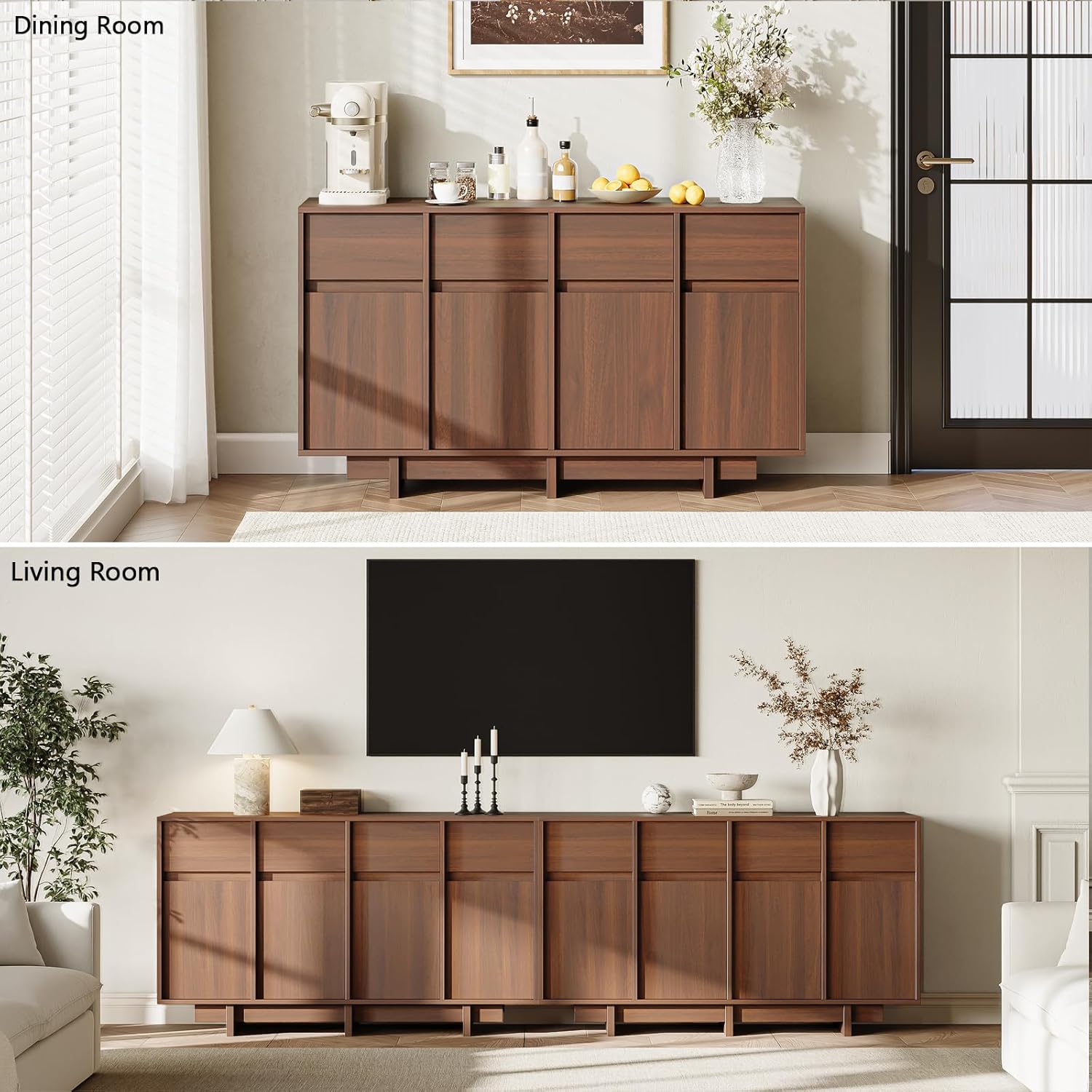 Walnut 59" Wide Buffet Cabinet Storage,4 Doors and Adjustable Shelves,Solid Wood Round Legs,Wood Mid Century Sideboard for Kitchen,Living Room,Coffee Bar.