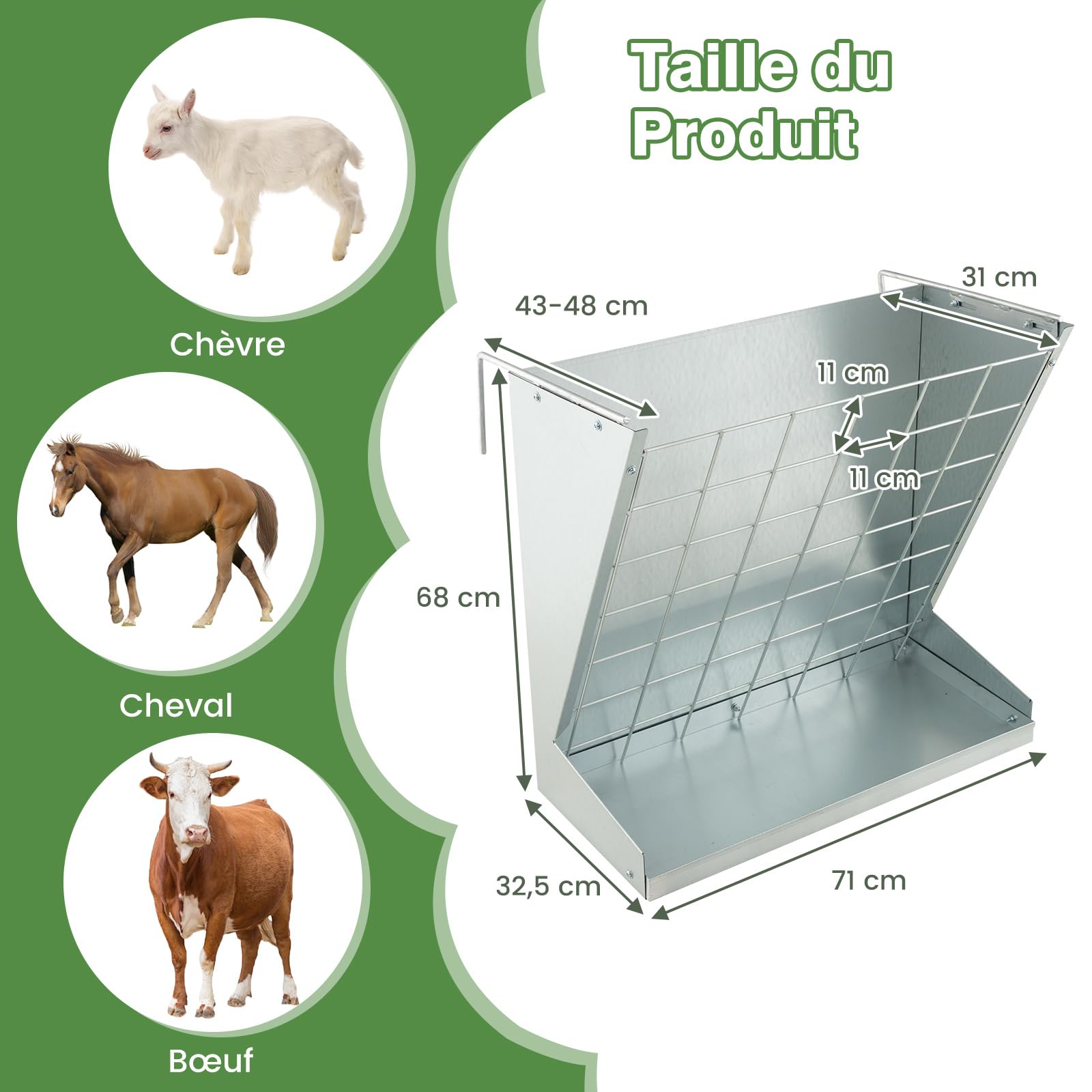 COSTWAY Mangeoire à Foin Murale 2 en 1, Râtelier à Foin et Céréales en Acier Galvanisé, 109 L pour 4-5 Moutons, Tiges Ajustables, Alimentateur de Foin Suspendu pour Chèvre, Cheval, Bœuf