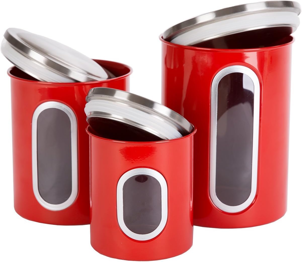 THRICH Airtight Multi-purpose Kitchen Canisters with Fingerprint Resistance Food Grade Stainless Steel Lid, Crystal Clear Visual Window, Set of 3, Sizes Including 1 each 41oz, 85oz, and 129oz (Red)