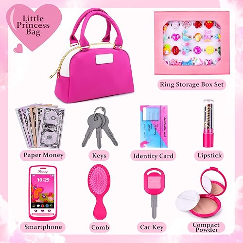 Miniatura 6 de GJZZ Bolso para niñas pequeñas con accesorios y juguetes de maquillaje para niñas de 3, 4, 5, 6, 7 años, 24 anillos de joyas en caja, mi primer