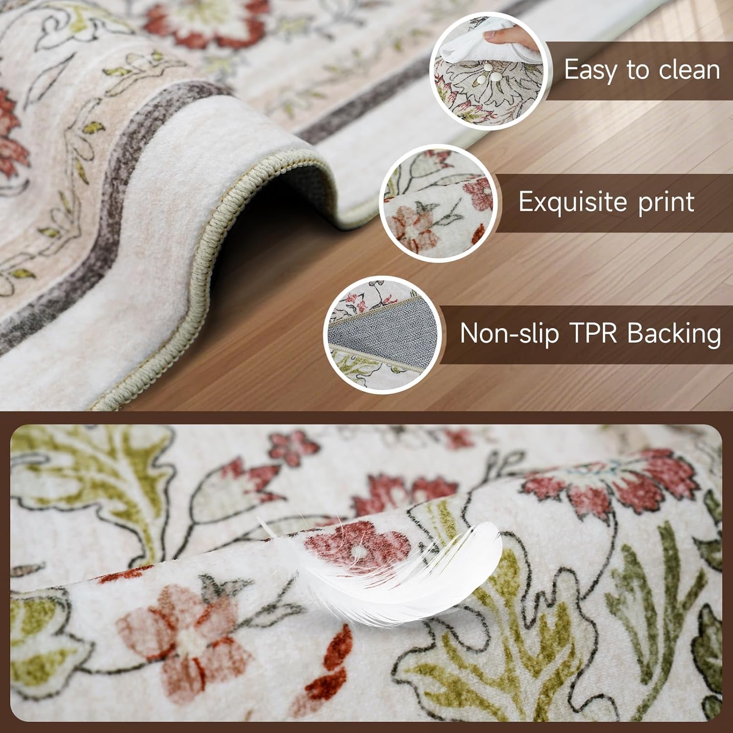 4x6 Rug Washable for Entryway: Floral Runner for Bedroom - Ultra Thin Low Pile Stain Resistant Carpet - Home Decor for Vintage Style Lover - 4x6 offwhite