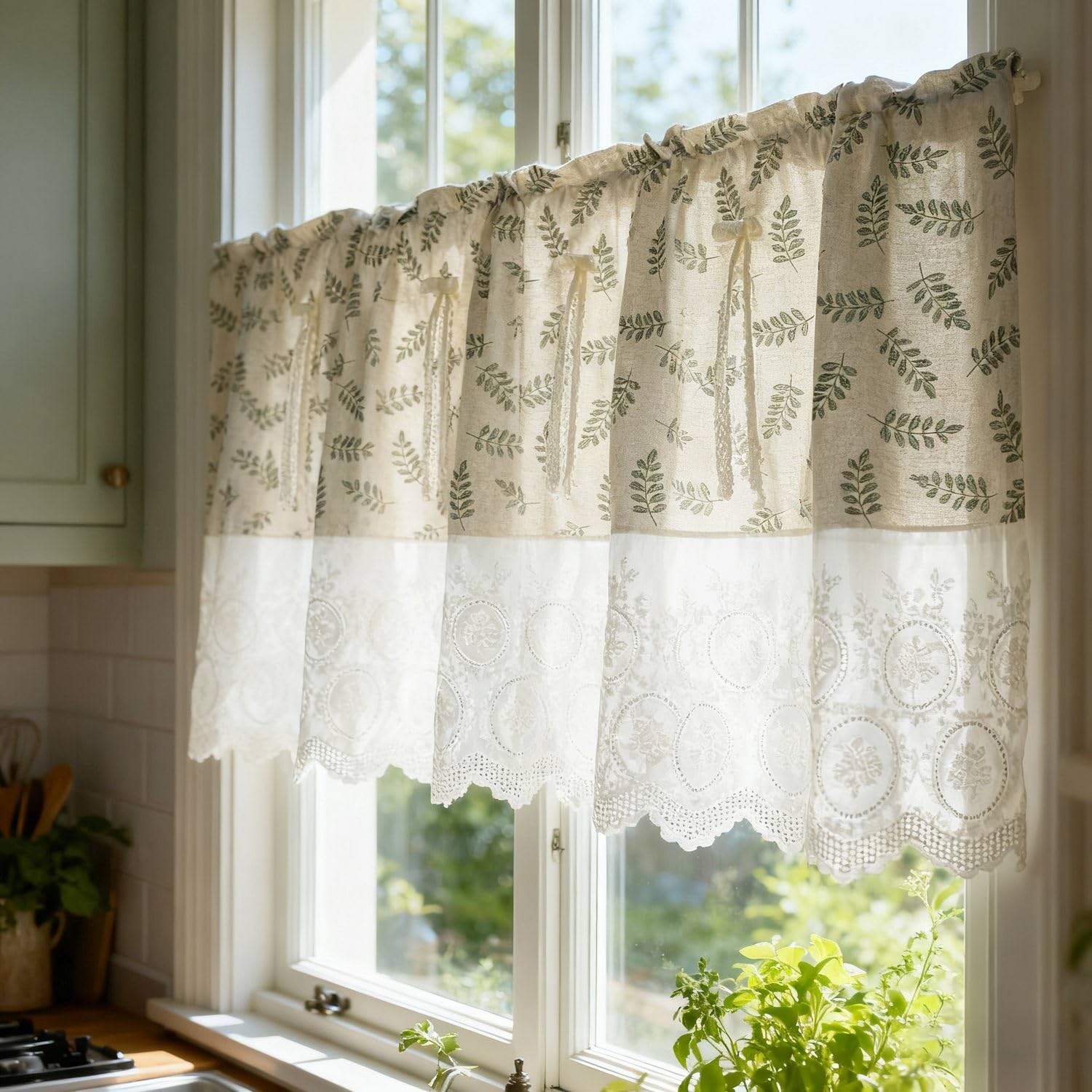 Vintage Kitchen Curtain Cotton Valance Rod Pocket Short Curtain for Small Windows Bathroom Leaves Printed Splice White Floral Embroidery Lace Farmhouse Window Treatment Tiers 1 Panel, W55 x L35 inch