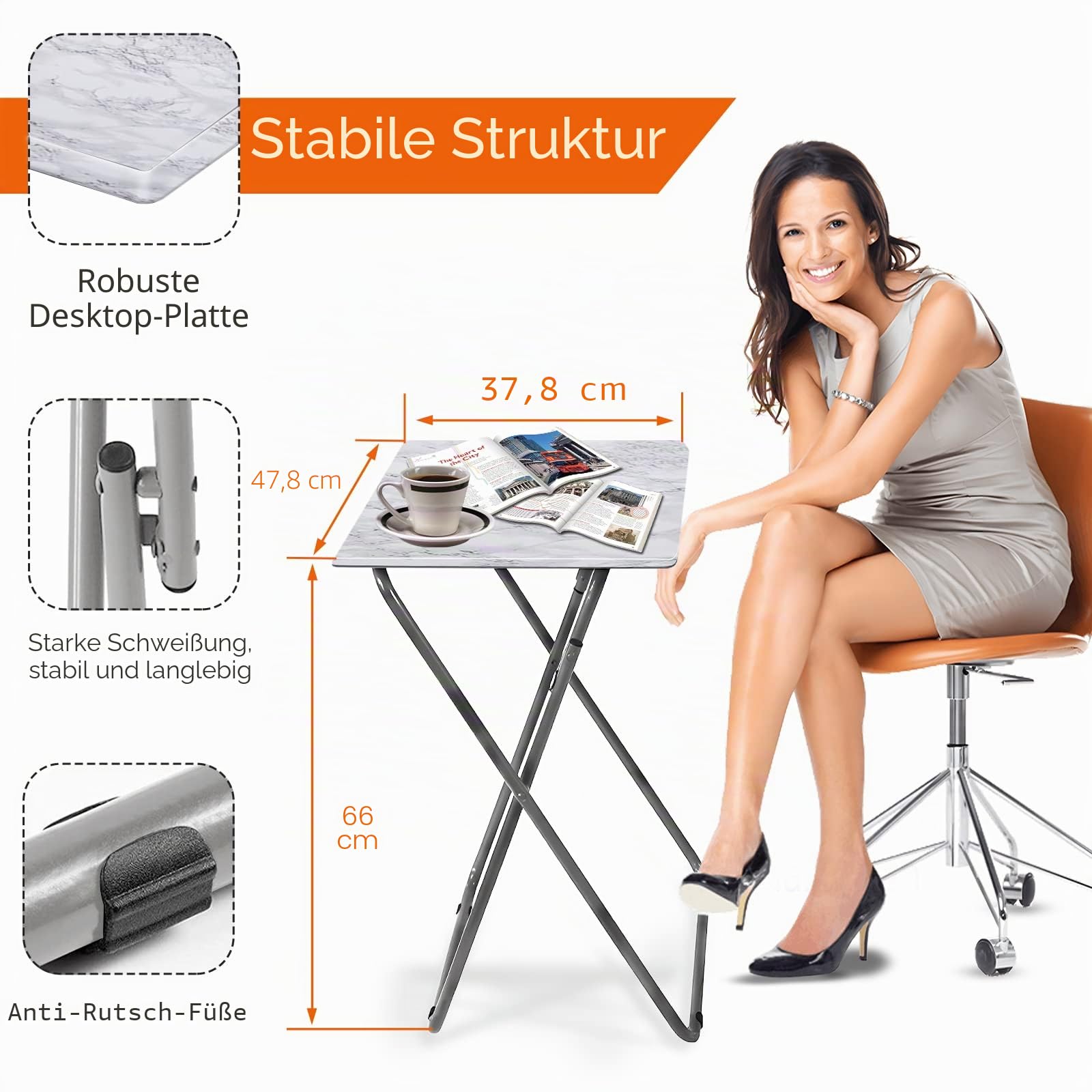 Beistelltisch Klappbar, Balkontisch Klappbar, Klapptisch Klein Balkon, Foldable Table, Kleiner Beistelltisch Outdoor, Für Wohnzimmer Esszimmer Terrasse Garten, Rechteckig, Weißer Marmor, 37x47x66cm