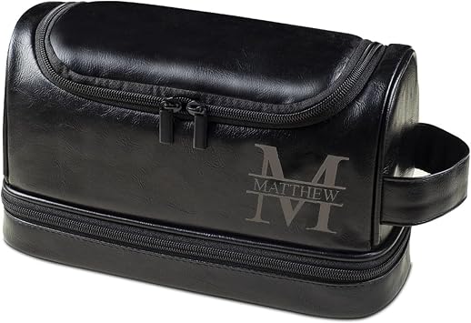 Personalized Leather Toiletry Bag, Customizable Name Mens Hanging Travel Toiletry Bag with Handles Dopp Kit Anniversary Birthday Present for Men Women Black