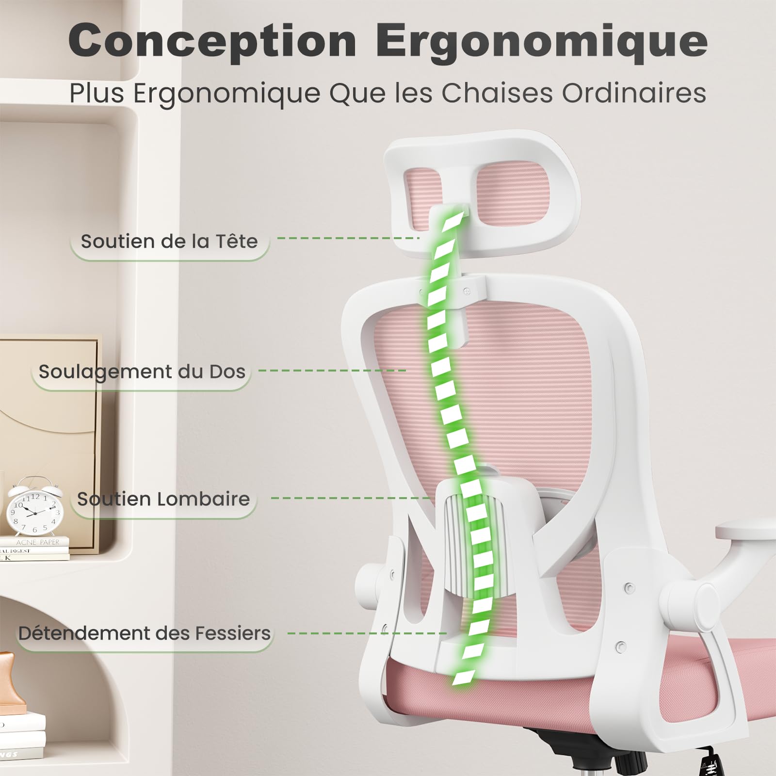 rattantree Chaise de Bureau,Fauteuil Bureau Soutien Lombaire Réglables,Rose