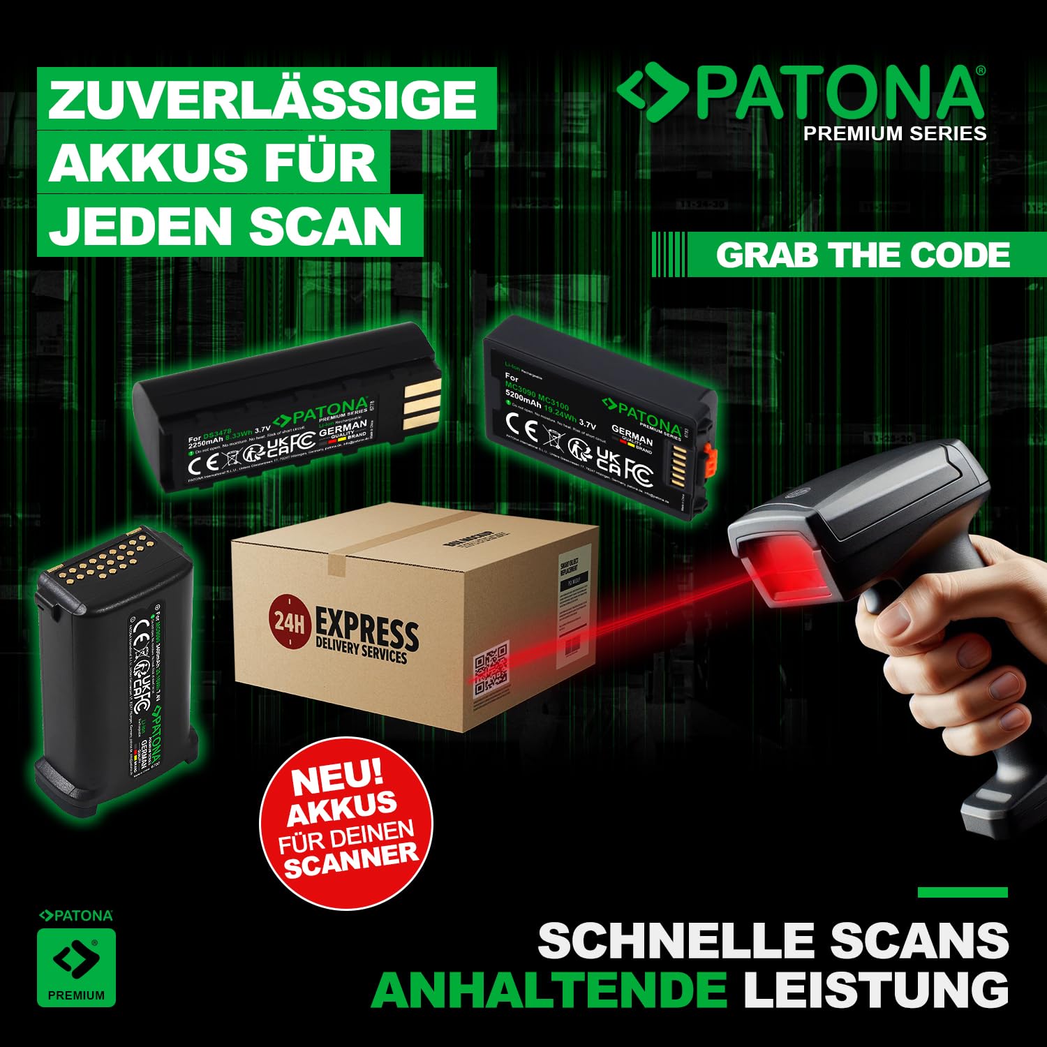 PATONA Batteria Premium per Zebra QLN420, ZQ630, ricambio per simbolo Zebra P1040687/P1050667-016, 7,4 V, 5200 mAh, agli ioni di litio, scanner manuale con codice a barre, di alta qualità o seconda