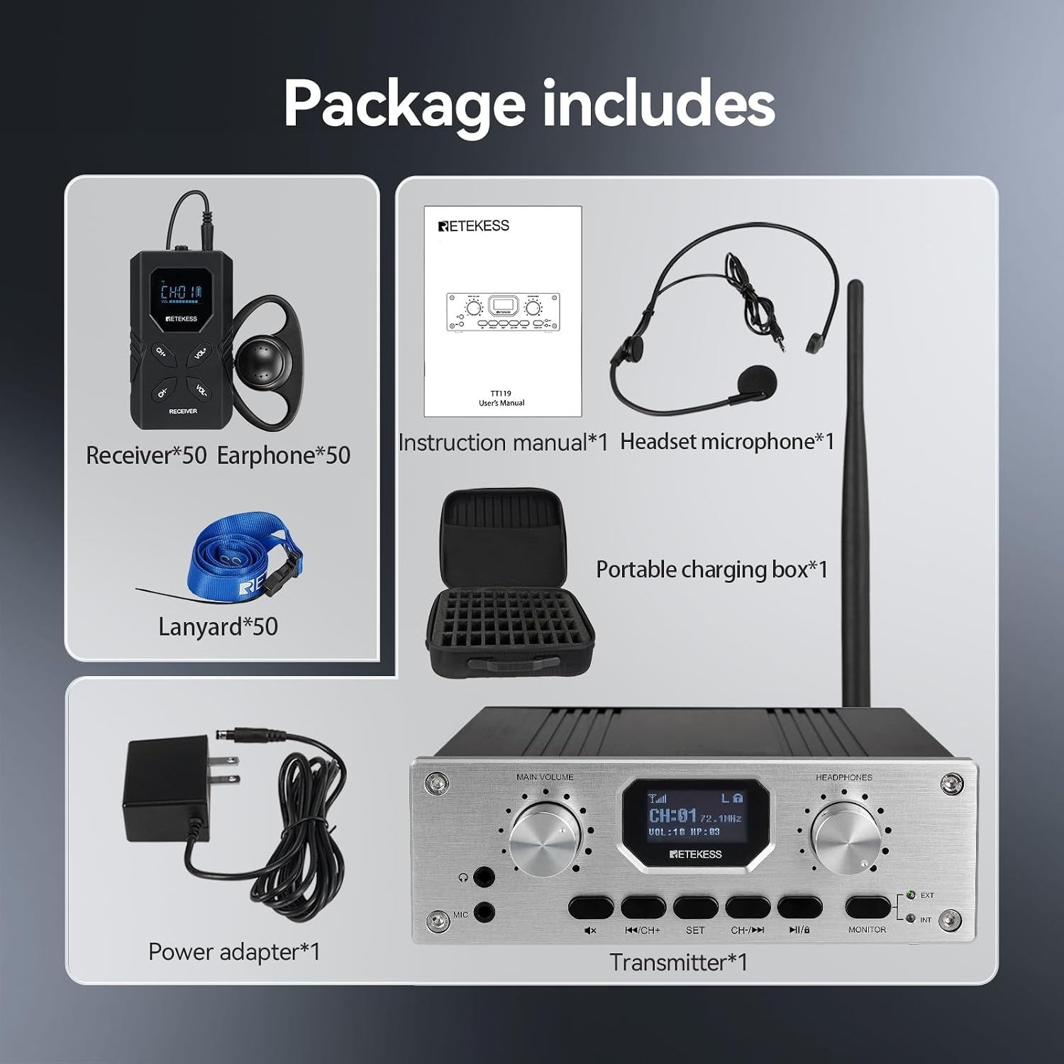 Retekess TT119 Assistive Listening System, Church Translation System, Clear Sound Quality, Portable Charging Box, Simultaneous Interpretation Devices for School Court (1 Transmitters 50 Receivers)