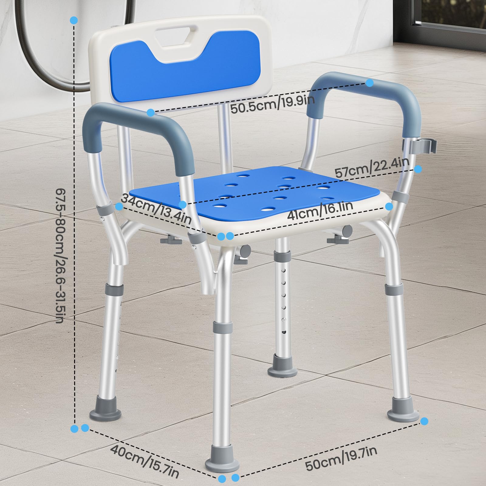 Sedia per Doccia Anziani, Sgabello Doccia Anziani con Schienale e Braccioli Rimovibili, 6 Altezza Regolabile, Antiscivolo, Sedia Doccia per Anziani e Disabili, Capacità Fino a 150 kg