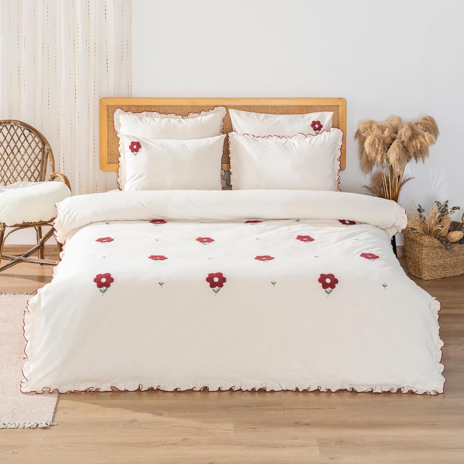 100% Cotton Duvet Cover Bedding Set | 6-Piece Embroidered Duvet Cover, Flat Sheet & Pillowcases | Oversized Cotton Bedding Set for Bedroom (Florita Cherry, 78.74 × 86.61 inch)