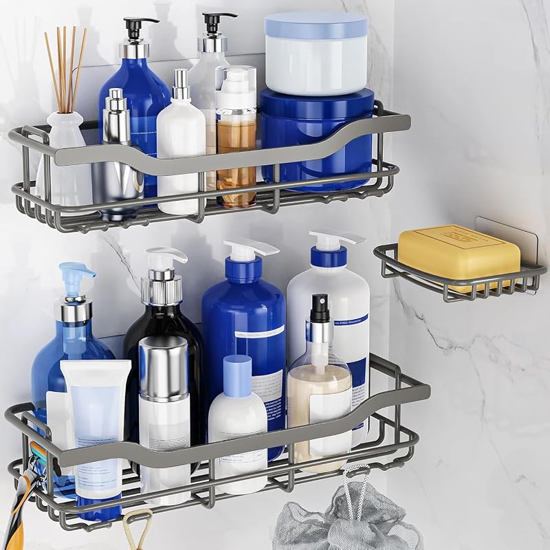 OMAIRA 3-Pack Shower Caddy with Soap Holder, Adhesive Rustproof No-drill Strudy Loading Inside Shower Organizer Shelves Rack Storage Bathroom Organization for Smooth Wall Glass Tile, Grey (XX-Large)