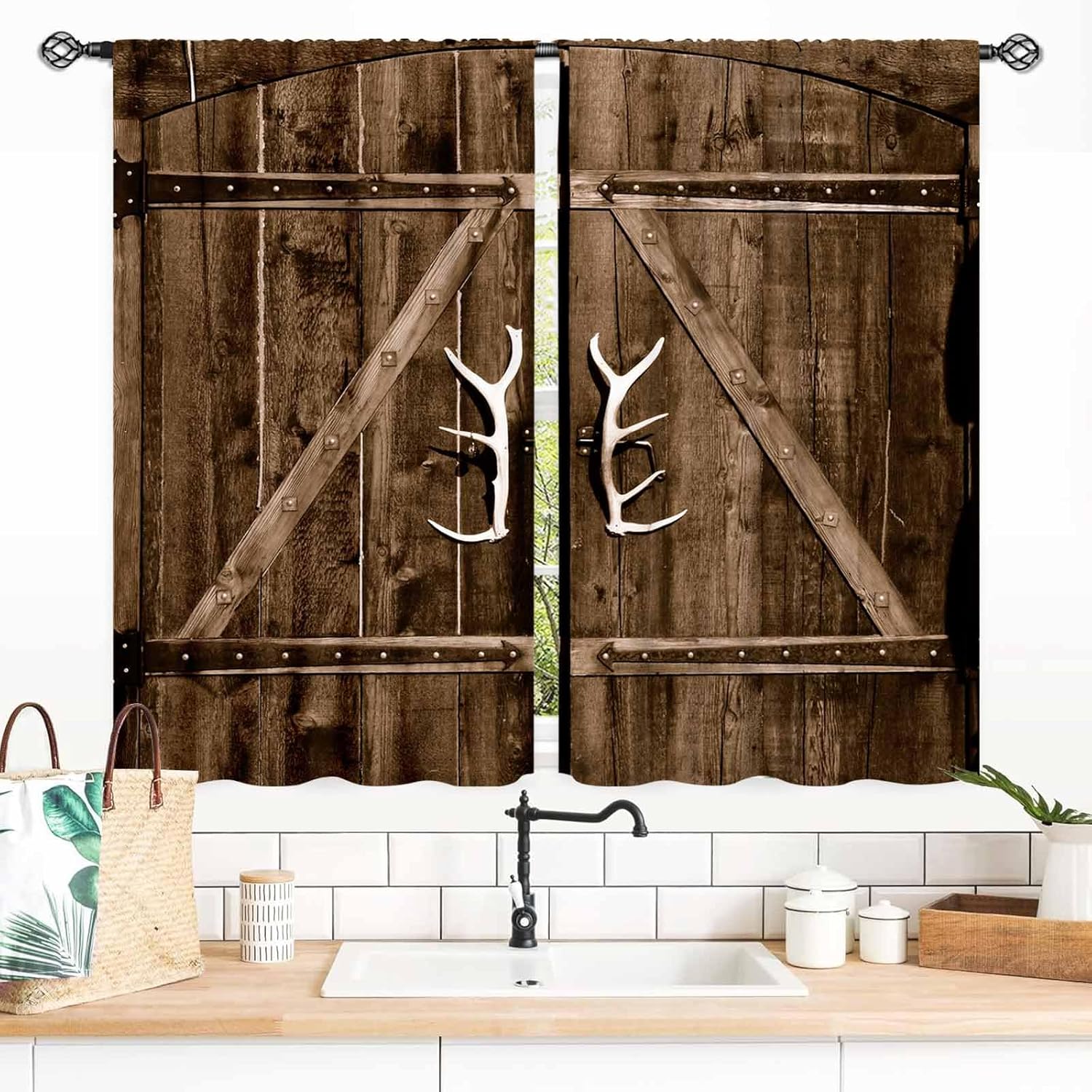 Barn Door Curtains, Farmhouse Rustic Wooden Barnwood Garage Gate Cottage Country Western Style Window Treatments Drapes for Bedroom Living Room Kitchen 2 Panels, 84"x84" Inch