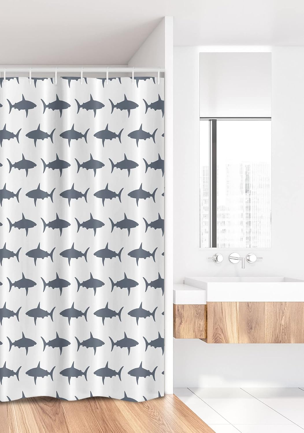 Ambesonne Sea Animals Stall Shower Curtain, Sharks Swimming Horizontal Silhouettes Powerful Dangerous Wild Life, Fabric Bathroom Decor Set with Hooks, 36" W x 72" L, Charcoal Grey