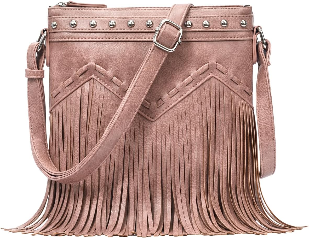 Sunwel Fashion Fringe Crossbody Bag with Rivets Western Purse Vegan Leather Tassel Shoulder Crossbody Bag for Women