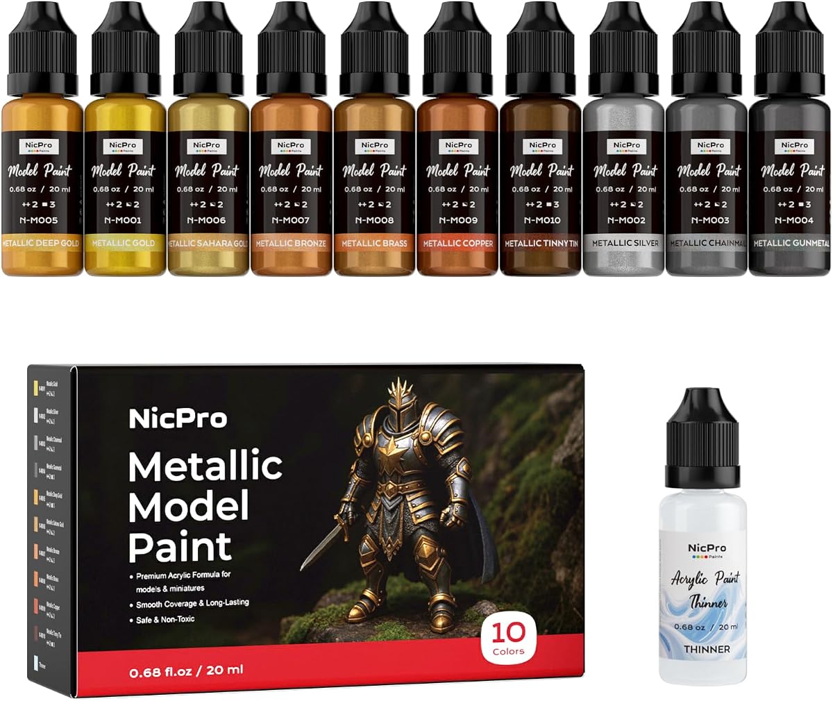 10 Colors Metallic Model Paint Set, 20ml Ready to Use | Modeling Acrylic Paints, Brush & Airbrush Compatible, Miniature Paint for Beginner & Pro on Model, Scale Figure, with Thinner