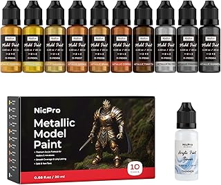 Nicpro 10 Colors Metallic Model Paint Set, 20ml Ready to Use Modeling Acrylic Paints, Brush & Airbrush Compatible, Miniature Paint Set for Beginner & Pro on Model, Scale Figure, Crafts, with 1 Thinner