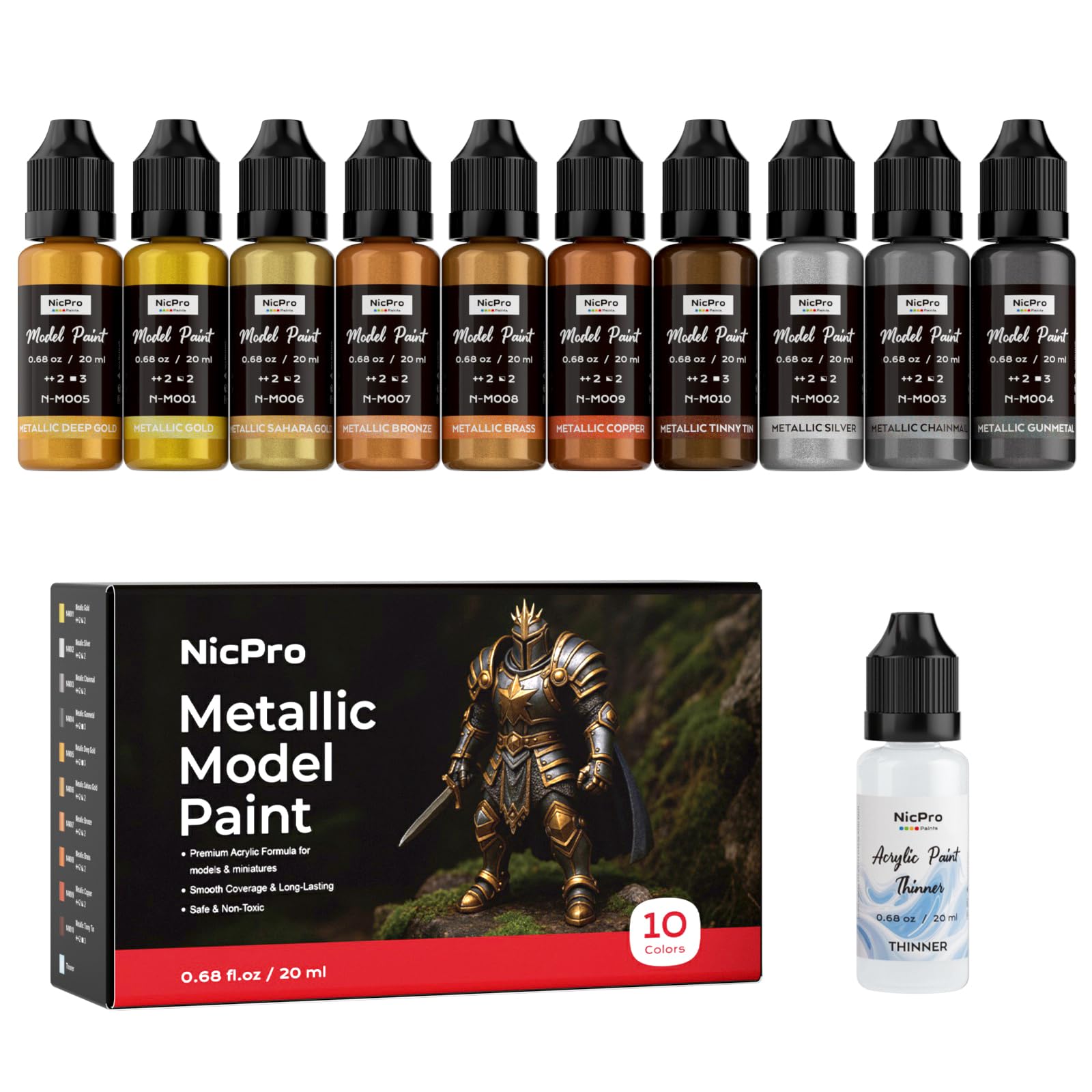 Nicpro 10 Colors Metallic Model Paint Set, 20ml Ready to Use