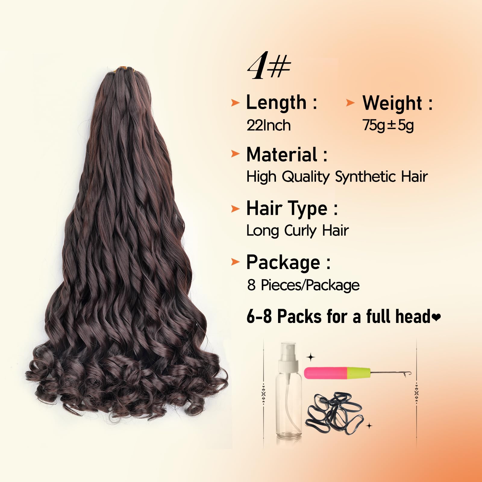 22 Inch Pre Stretched Braiding Hair Extensions French Curl Braiding Hair Loose Wavy Synthetic Crochet Hair Extensions(4#, 22 Inch (Pack of 8))