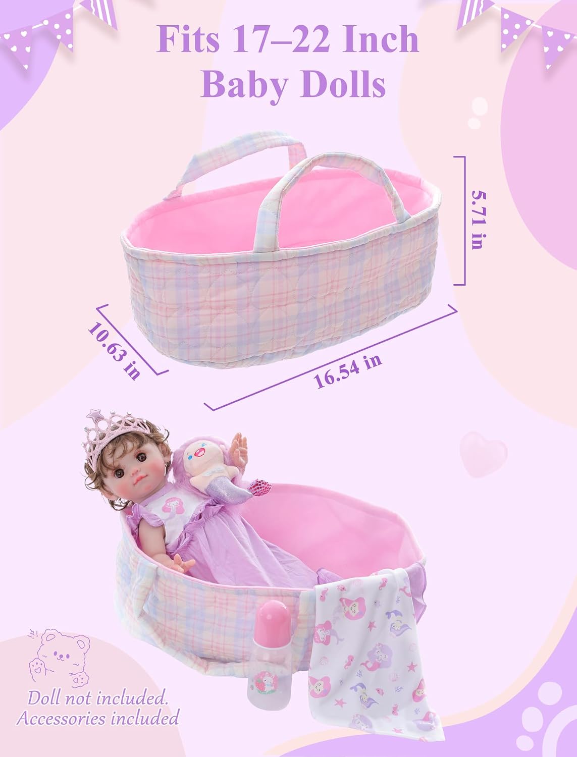 10 Pcs Baby Doll Accessories, Reborn Baby Doll Clothes with Bassinet for 17-22 Inch Realistic Baby Dolls, Mermaid Outfit Set, Machine Washable, Doll Not Included