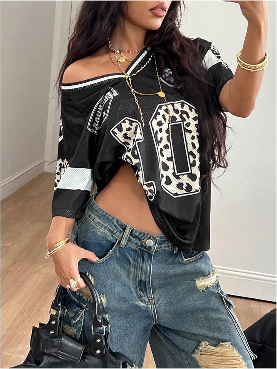 Women's Y2K Leopard Number Graphic Jersey Shirt Oversized V Neck Short Sleeve Baggy Tee Tops - Image 3