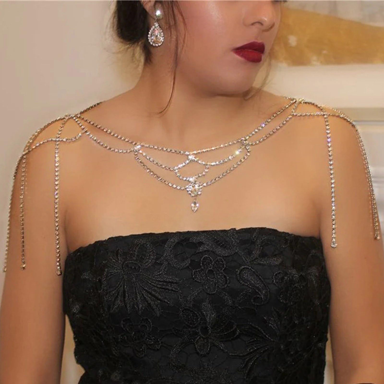 Elegante collana con strass in lega robusta design a frange per abiti da sera casual da indossare tutti i giorni accessori a spalla