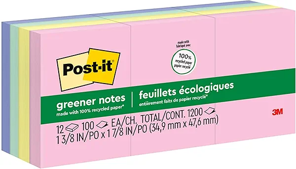 Post-it Greener Notes, 13/8inch*17/8inch, 12 Pads, America's #1 Favorite Sticky Notes, Sweet Sprinkles, Pastel Colors (Pink, Blue, Mint, Yellow), Clean Removal, 100% Recycled Material (653-RP-A)