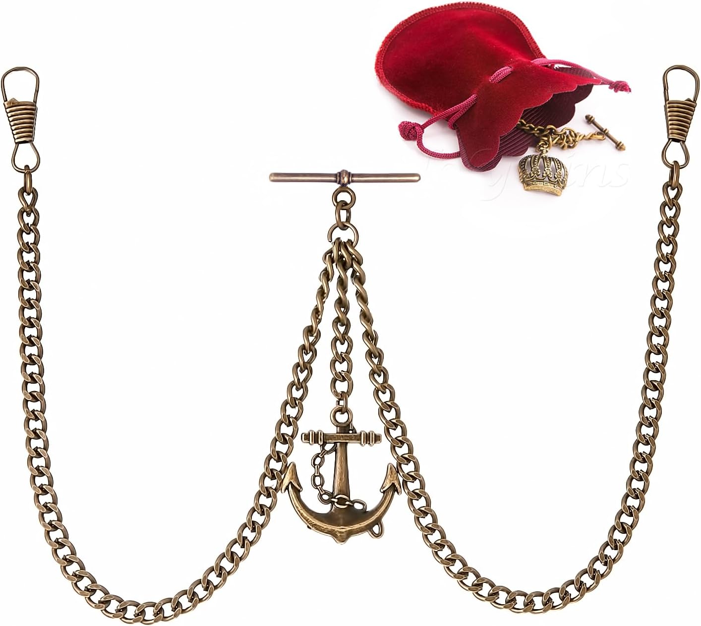Made in The UK 14-Inch Vintage Bronze Anchor Albert Chain for Pocket Watches | Nautical Double Albert T-Bar Chain