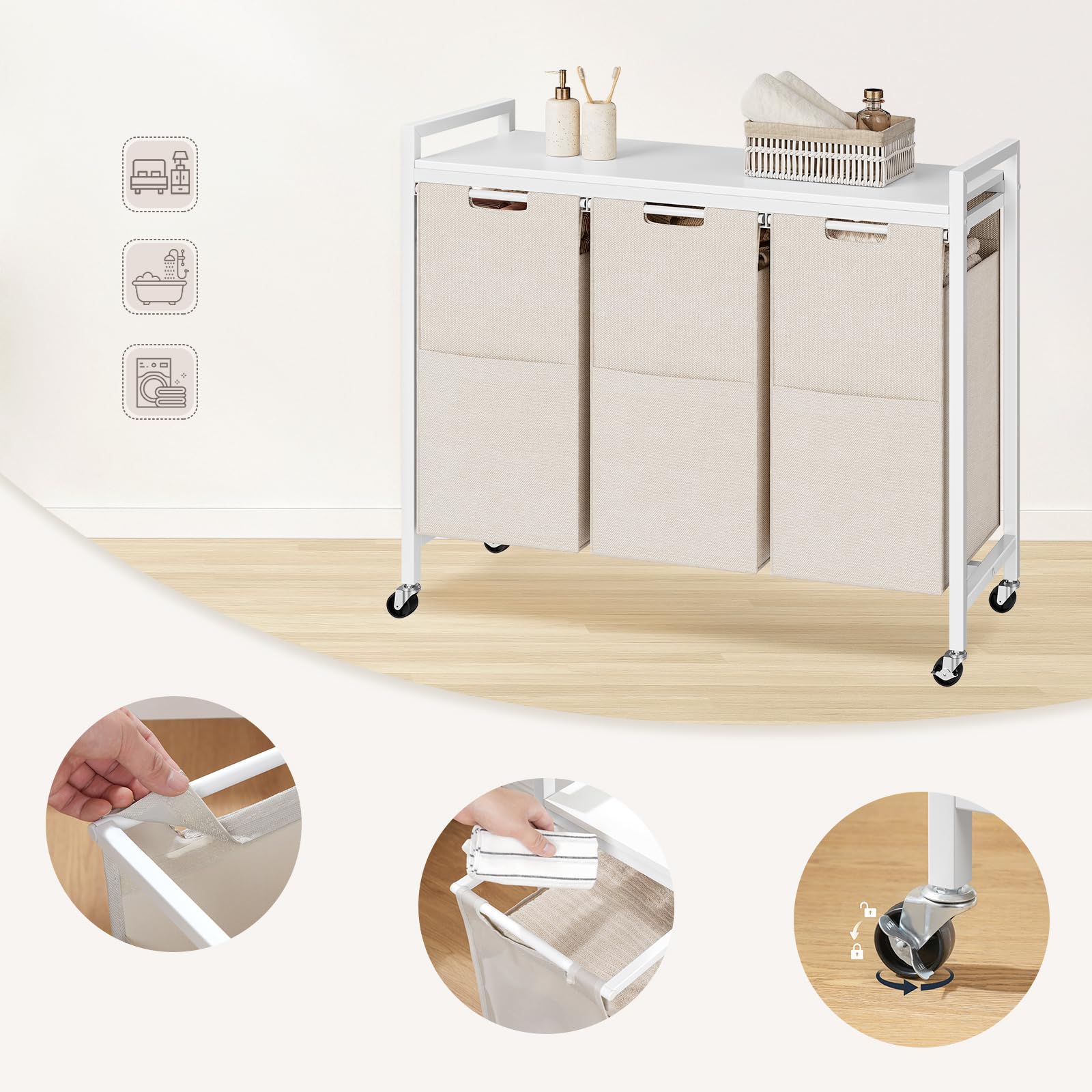 HOOBRO Cesto para Ropa Sucia, Cesta Colada con 3 Bolsas Extraíbles, Carro de Lavandería, 3 x 39,8 L, 84 x 33 x 74, 5 cm, para Lavadero, Baño, Blanco y Gris EWG38XY01G1