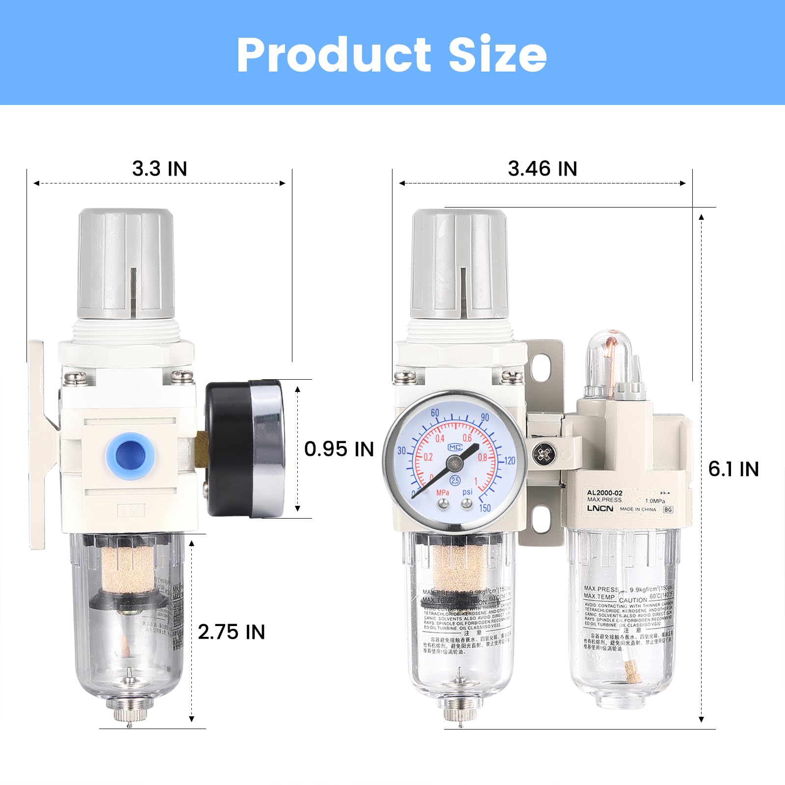 1/4 Zoll Kompressor Luftfilter Druckregler Wasser-Ölabscheider Filter mit Schmierbecher AC2010-02